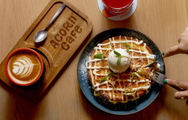 Lemon Ricotta Hotcake with Acorn house lemon curd, whipped ricotta, oat crumble and lemon lavender ice cream from the Acorn Cafe Thursday, Oct. 3, 2024 in Healdsburg. (John Burgess / The Press Democrat)