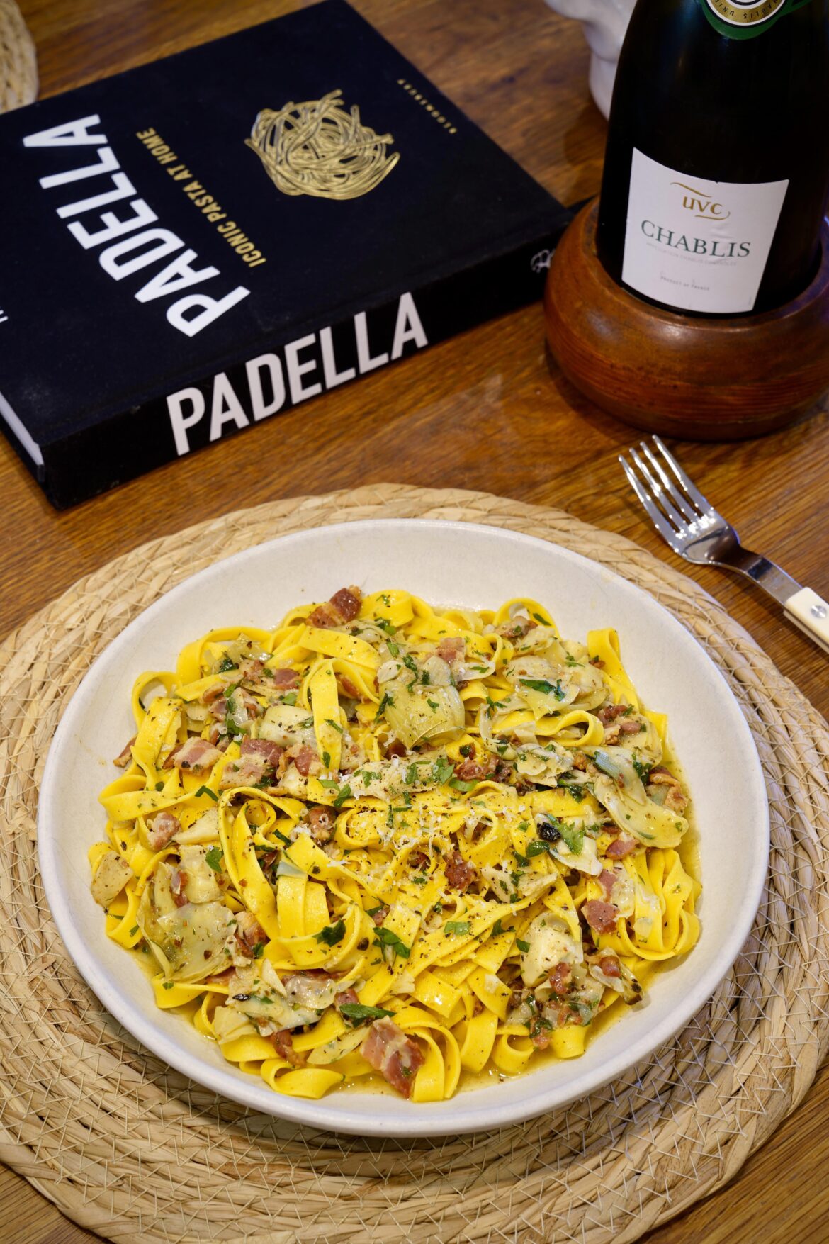 Fettuccine with artichoke, pancetta & thyme from “Padella”. Fettuccine with artichoke, pancetta & thyme from “Padella”.