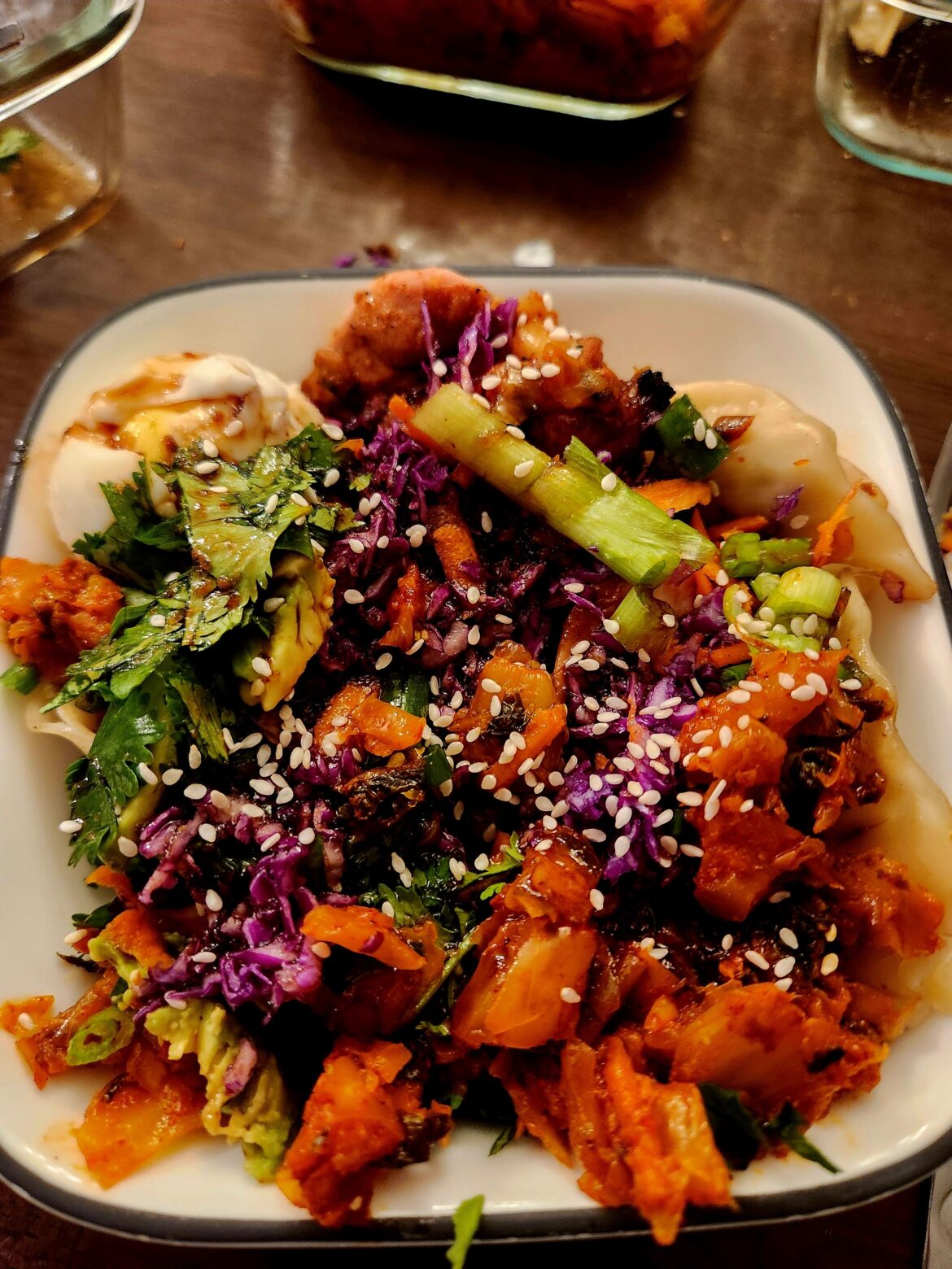 I made Korean BBQ chicken bowls with dumplings, and caramelized kimchi.