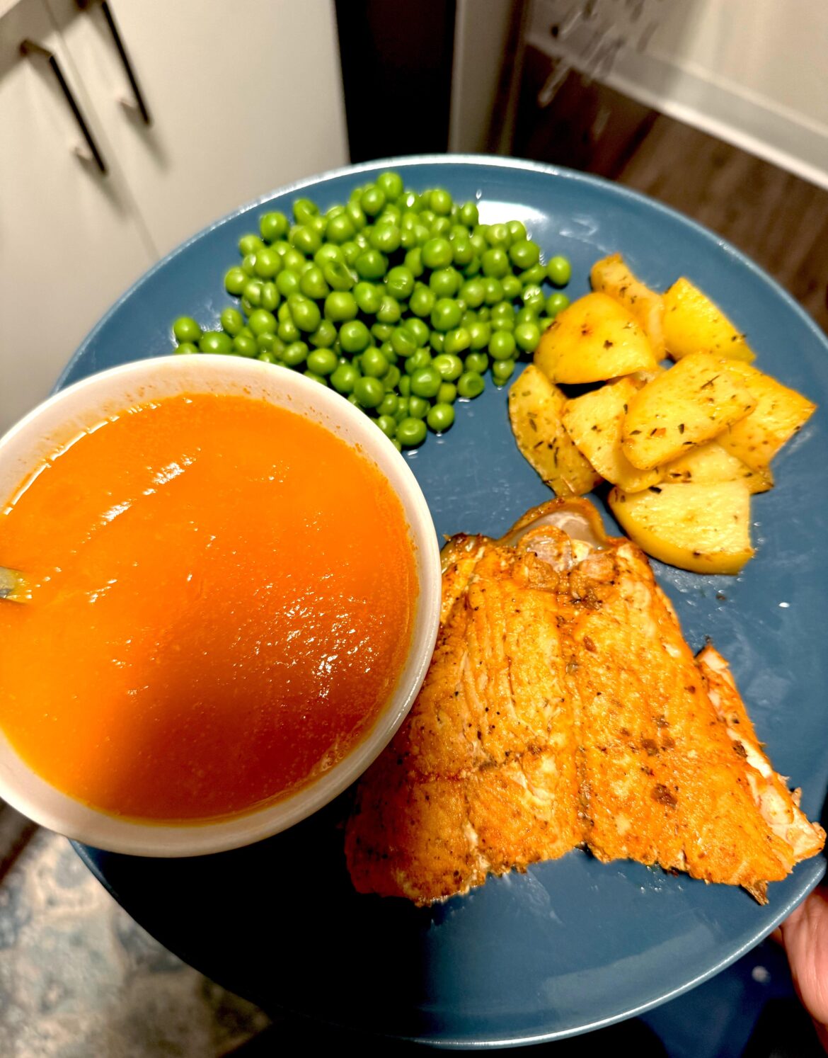 Dinner - Salmon, pumpkin soup, peas and potatoes