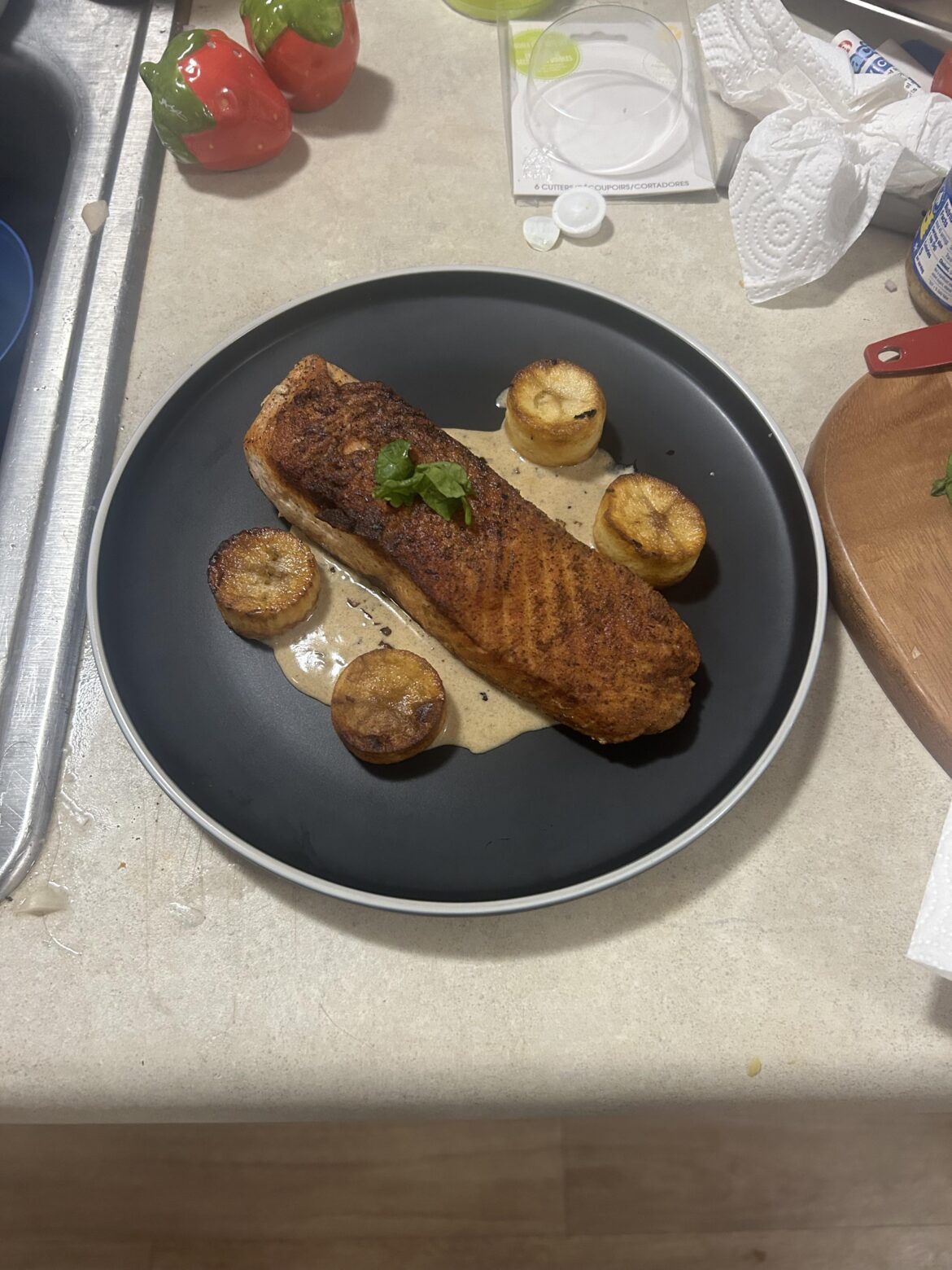 Seared salmon with fondant potatoes in a miso yuzu sauce