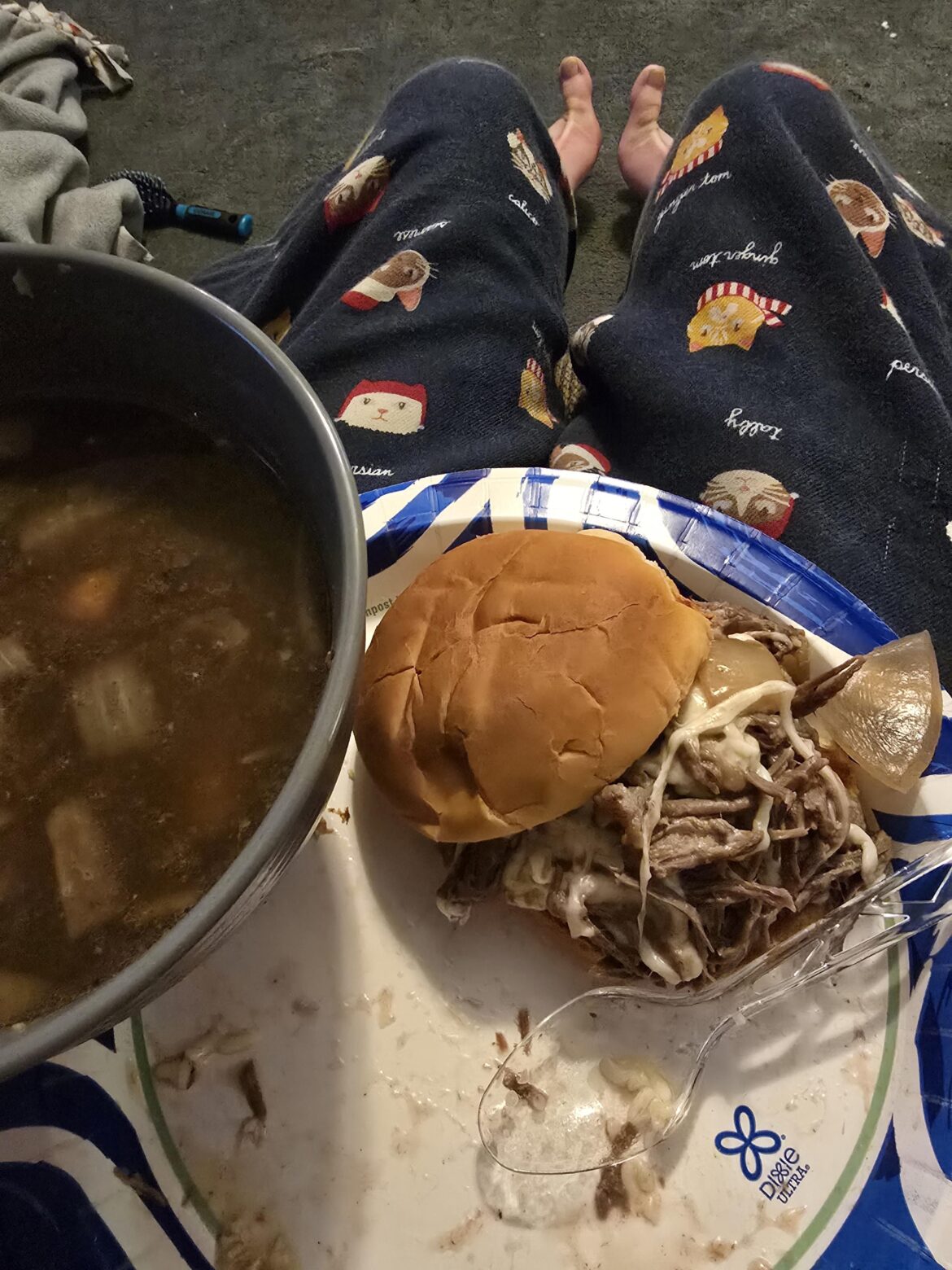 Leftover pot roast that I used as a kinda French Dip. (My Yuengling is out of frame)