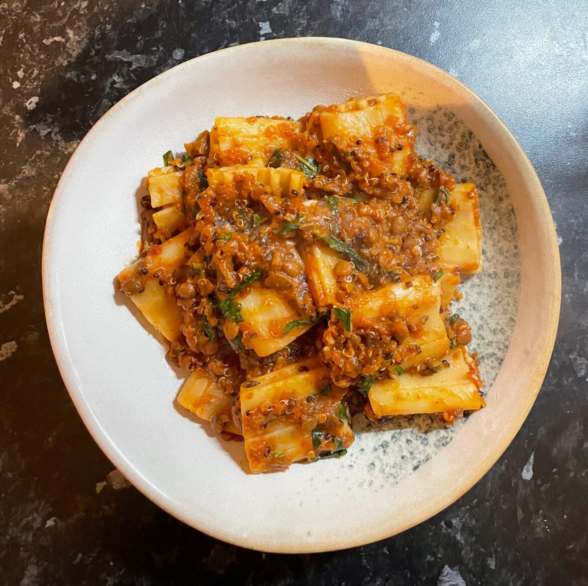 Vegetarian ragù alla bolognese with paccheri pugliese