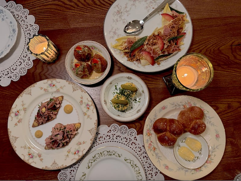 A table filled with dishes at Bar Nouveau, the new St. Johns restaurant from former Oui Wine Bar chef Althea Grey Potter.