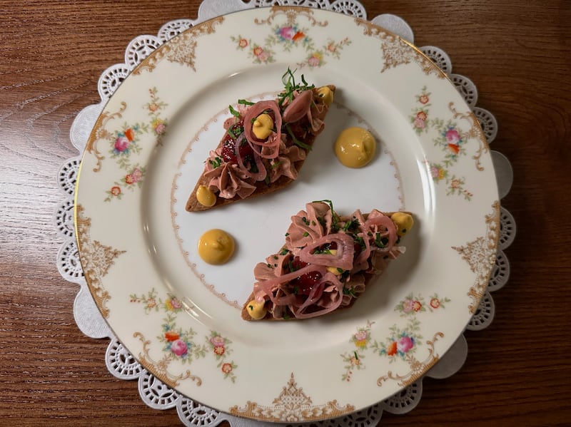 Chicken liver mousse with a jam made from peaches chef Potter blanched on the restaurant's floor this summer.