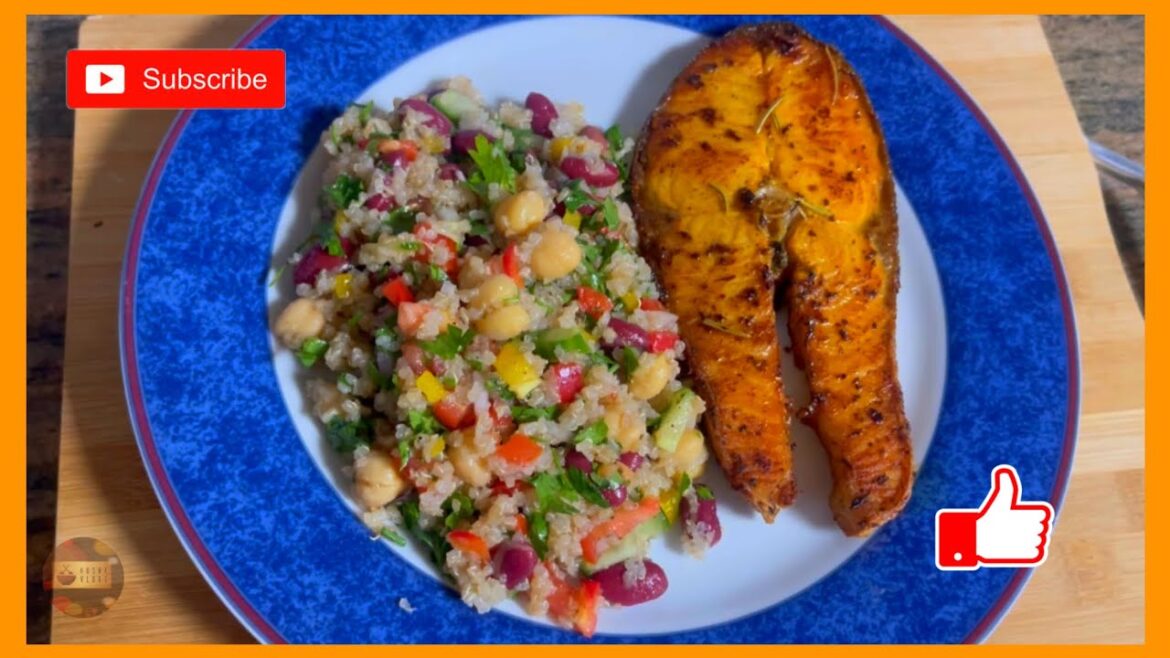 Mediterranean quinoa salad with grilled salmon|quick easy and delicious meal under 10 minutes