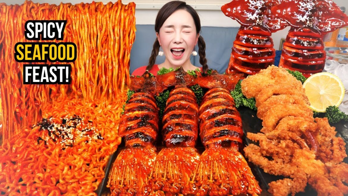 Mukbangn ASMR | Eating Spicy Squid, Fried Calamari & Ramen Noodles | Korean Seafood Boil Feast!