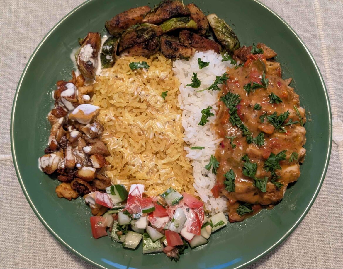 Bf couldn't decide on which leftovers so half halal cart chicken and half smothered chicken over rice