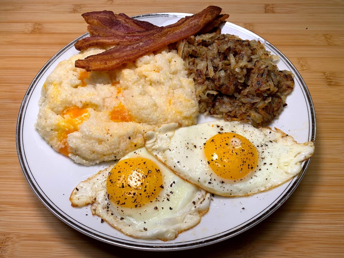 Bacon and Eggs with Cheese Grits and Hash Browns