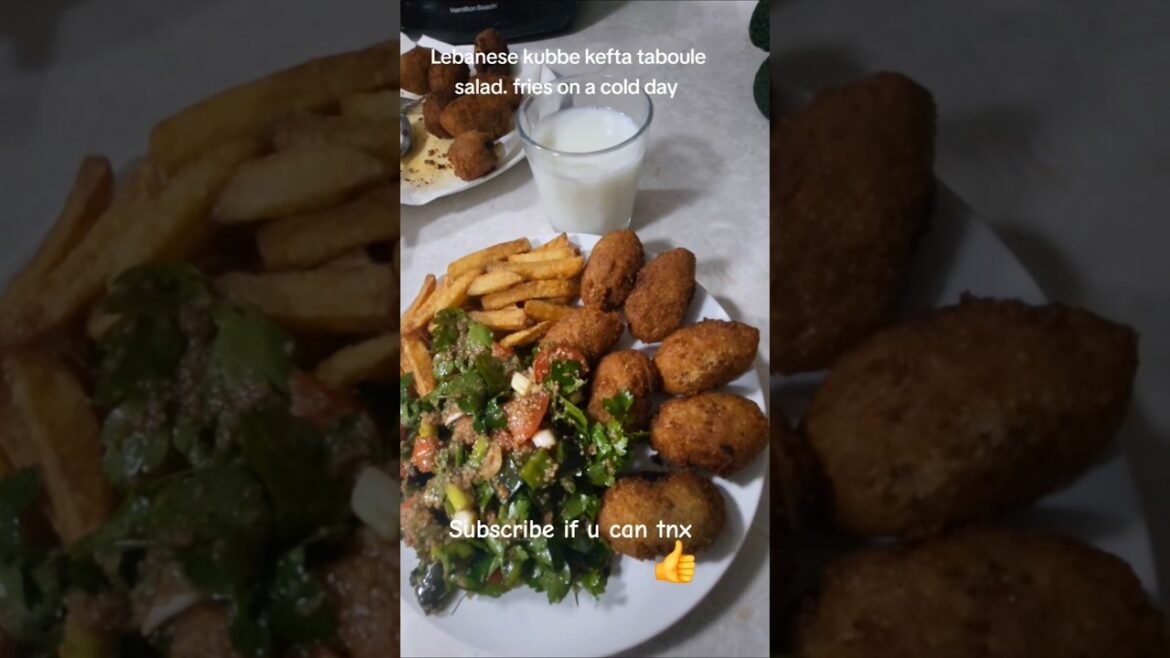 Lebanese kubbe kefta taboule salad. fries on a cold day with open wood fire place