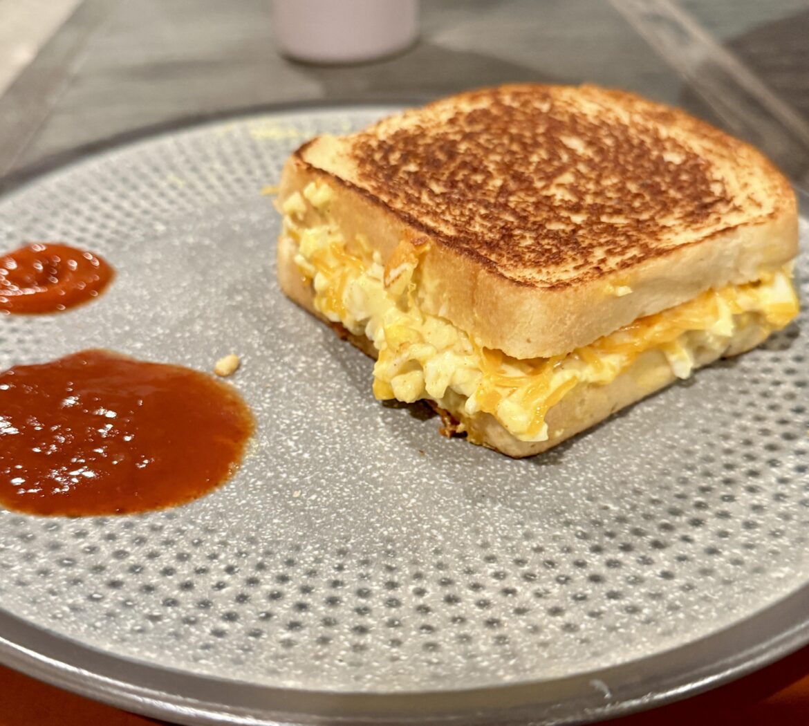 Egg salad grilled cheese w hot sauces