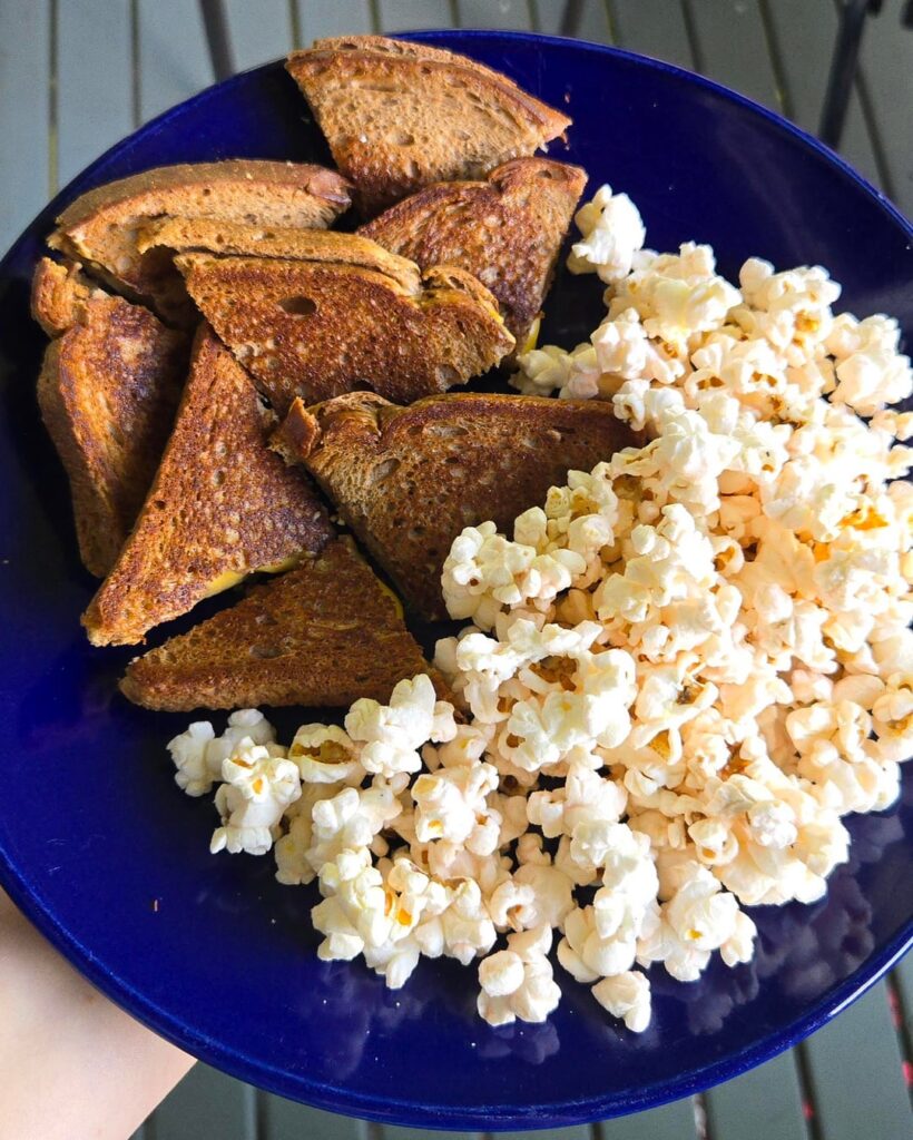 Low effort, high volume ✨️ Grilled cheese and popcorn!