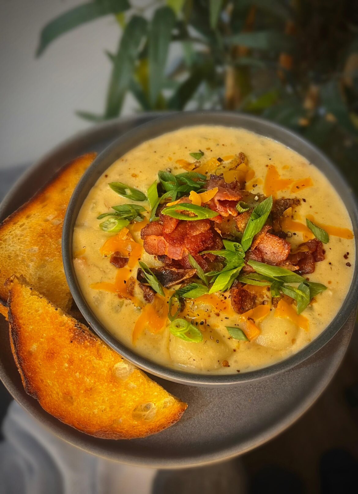 Loaded potato gnocchi soup, topped with crispy potato skins, bacon and green onion. Served with toasted sourdough for dipping.