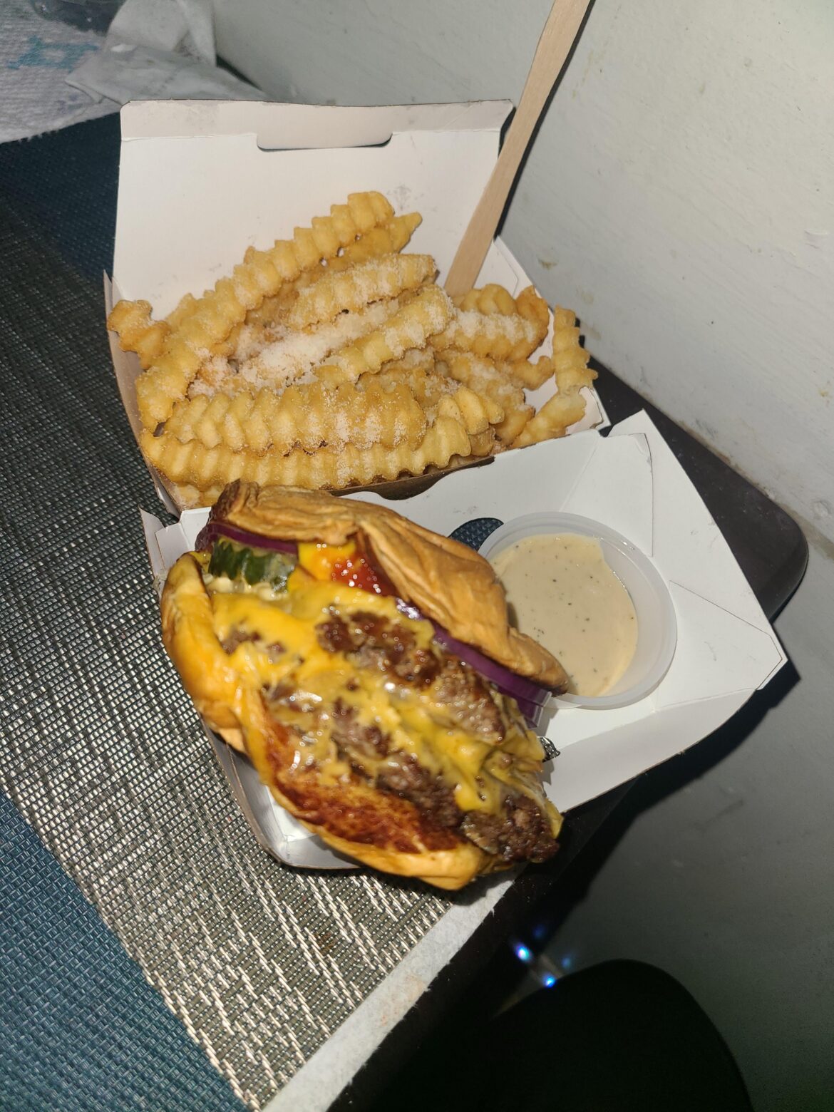 Smashburger double and Shakeshack Parmesan fries