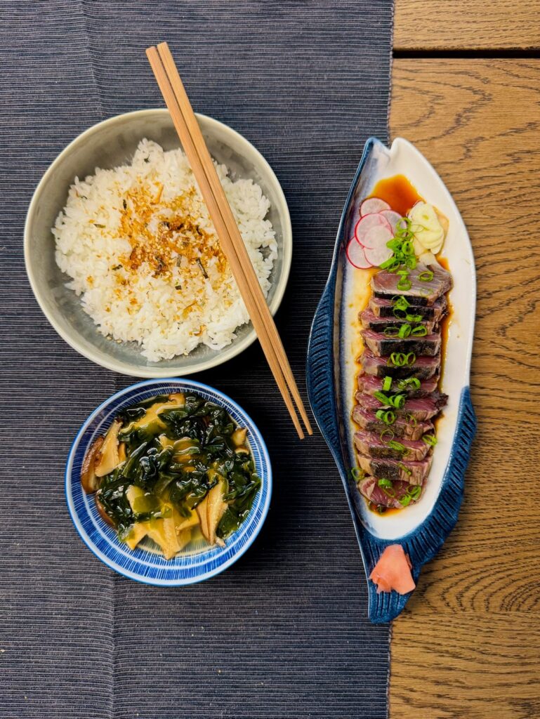 miso soup, flamed bonito and rice