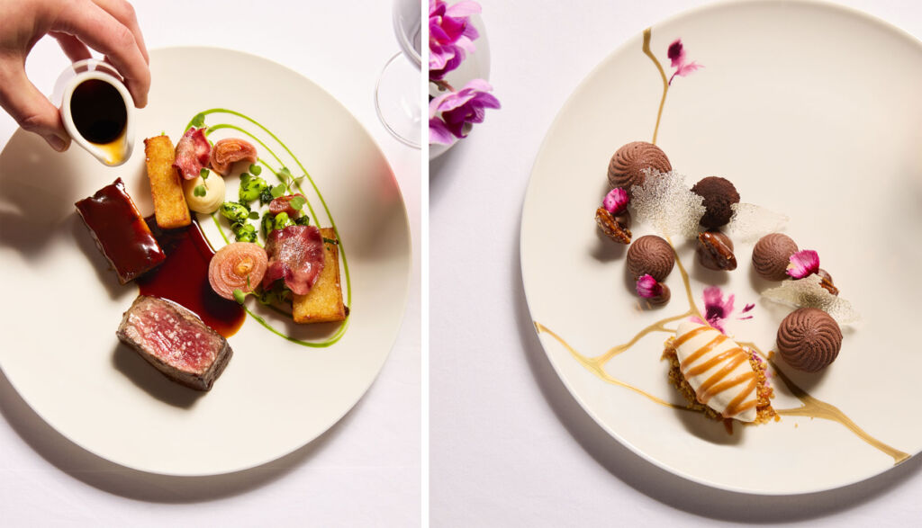 A photograph of a beef main dish and one of a creamy chocolate dessert