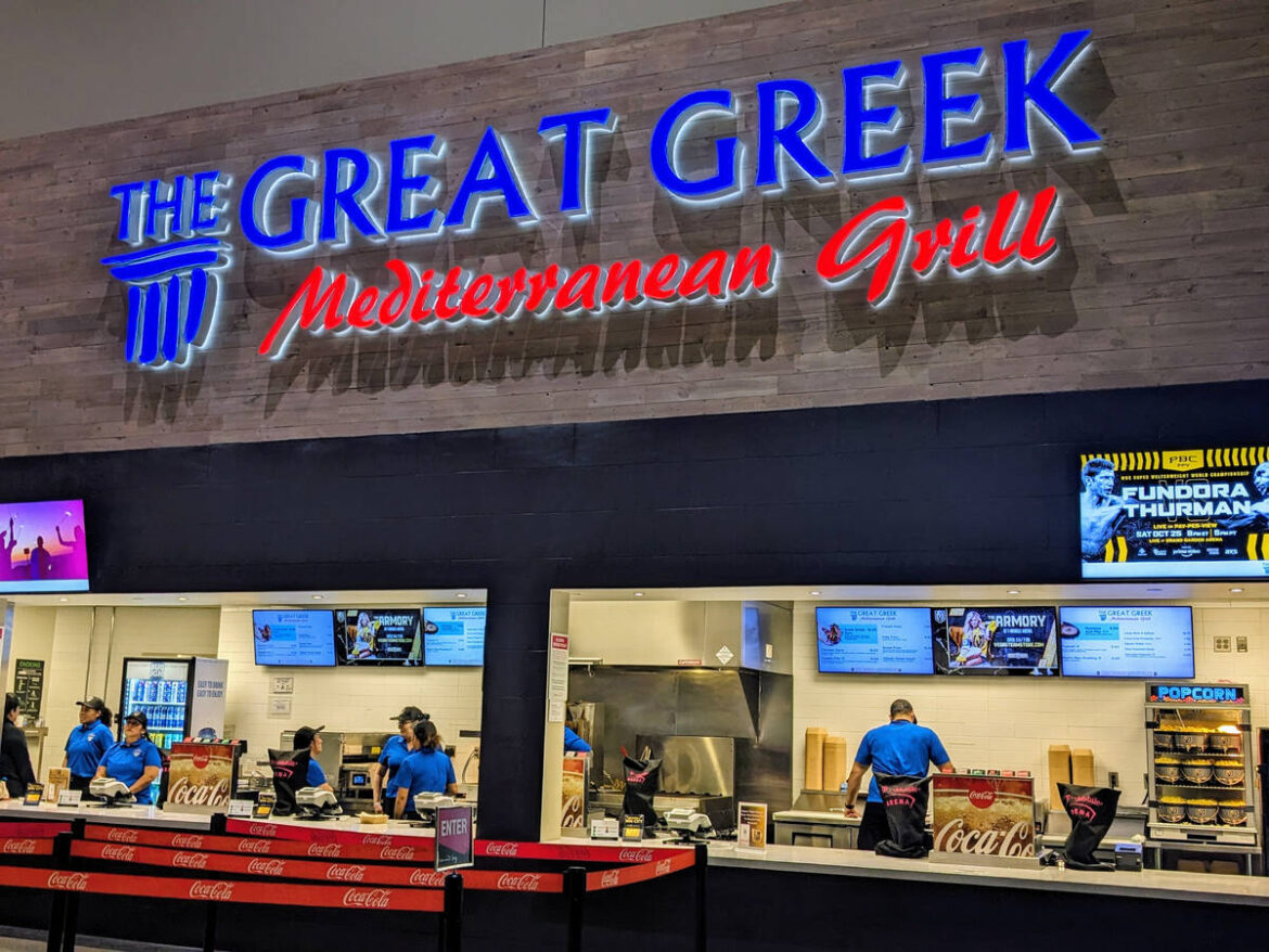 The exterior of The Great Greek Mediterranean Grill that opened in 2025 at T-Mobile Arena on th ...