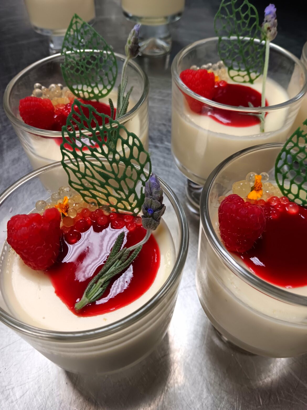 Lemon Posset- Lavender Raspberry Coulis- Lemon Pearls- Pineapple Sage Tuile- Lavender