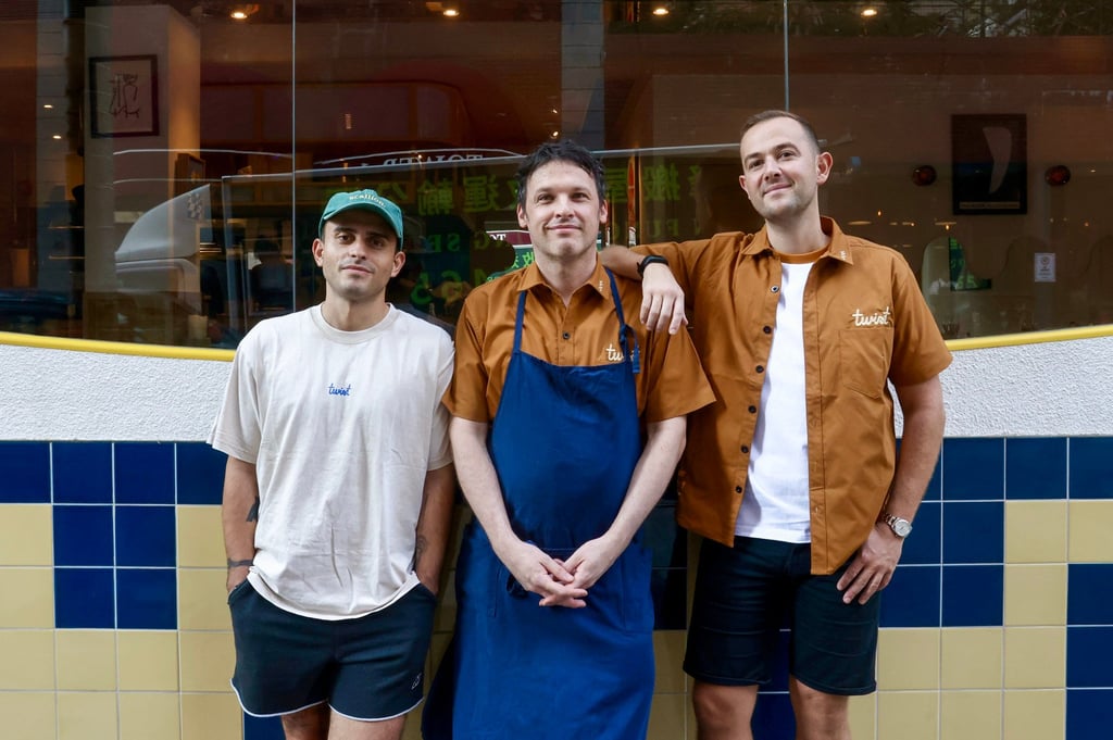 Twist Pasta Bar co-founder Matt Richardson (right), head chef Ben Sears (centre) and group operations manager and co-founder Bora Billoux stand outside the restaurant in Central. Photo: Jonathan Wong Twist Pasta Bar co-founder Matt Richardson (right), head chef Ben Sears (centre) and group operations manager and co-founder Bora Billoux stand outside the restaurant in Central. Photo: Jonathan Wong