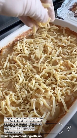 Once the potatoes are layered out, Jasmine baked the dish in the oven, covered with foil, for about 50 minutes or until potatoes are tender