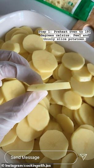 To make the dish, she preheated the oven to 180 degrees, and then thinly sliced the potatoes - about one centimetres thick - after peeling them