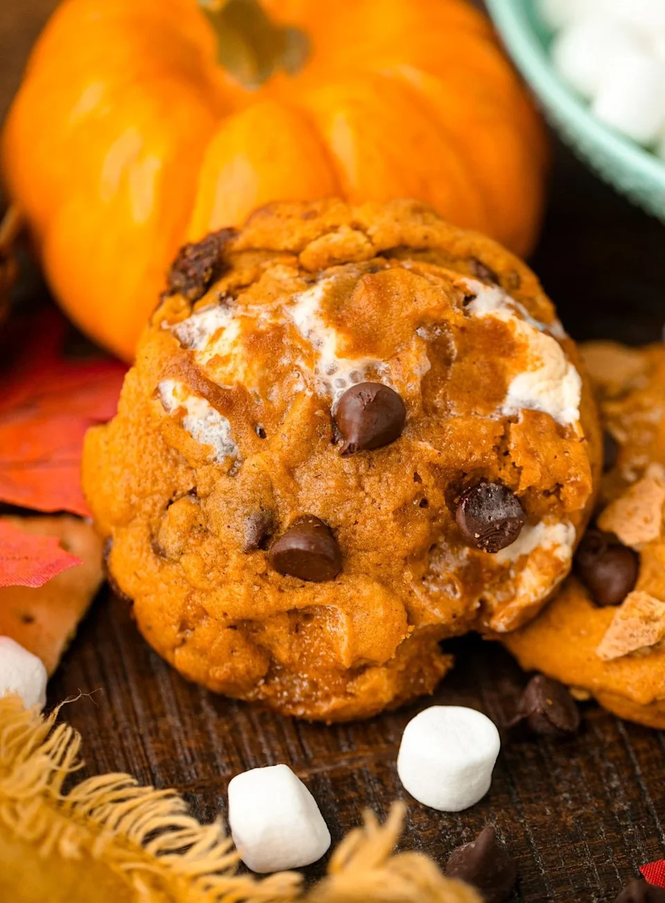 A close up shot pumpkin s’mores cookies