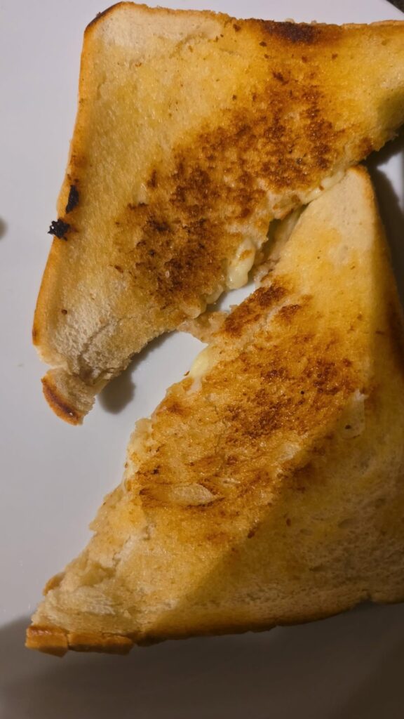 So it's 9PM on a Sunday, and I had a hankering for a grilled cheese sandwich. This took me 5 mins to make. Mayo on outside and butter on inside, with garlic powder outside. Absolutely gorgeous, especially when paired with a roasted vegetables soup.