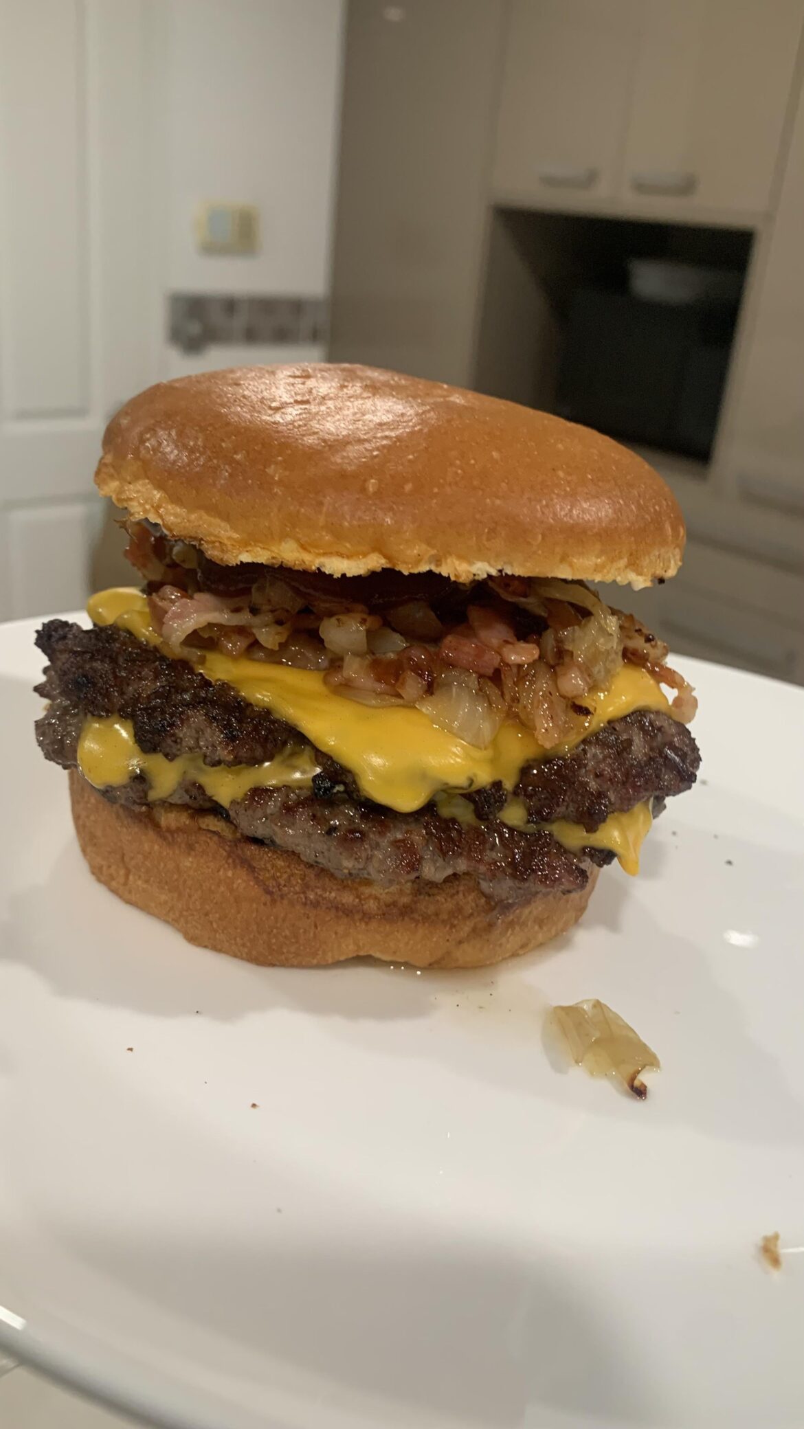 Grilled on my Weber kettle, topped with bacon and onion pieces