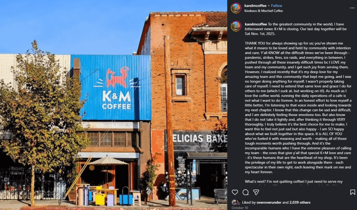 After nearly a decade Kindness & Mischief Coffee is closing, last day is Nov 1