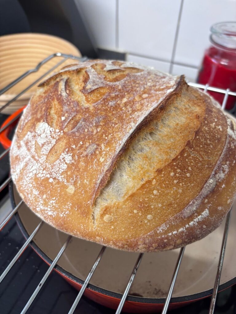 My 5th sourdough loaf, finally one I’m happy with! What do you think of my crumb?