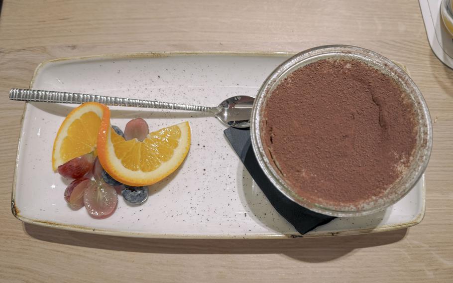 The large dessert menu at Schwan Mediterranean Diner in Parsberg, Germany, includes a hearty and well-balanced tiramisu. 