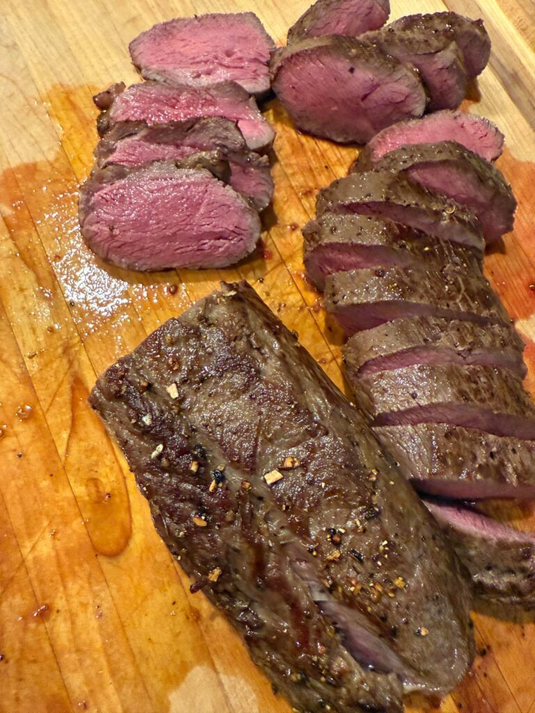 Venison back strap 129f for 90 minutes, 5 minute freezer chill.