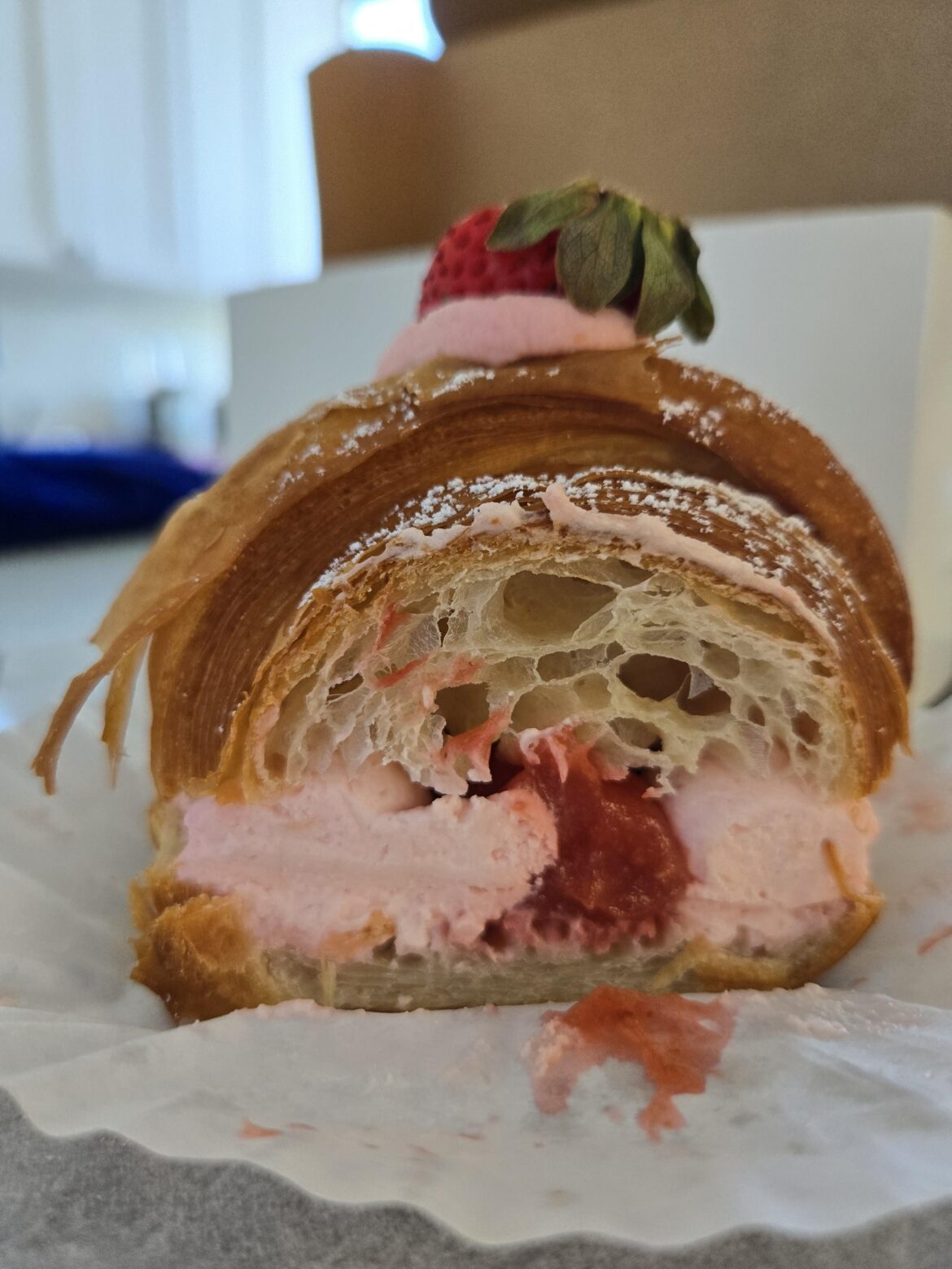 Strawberry milk croissant, a cross section (Fat Peach)