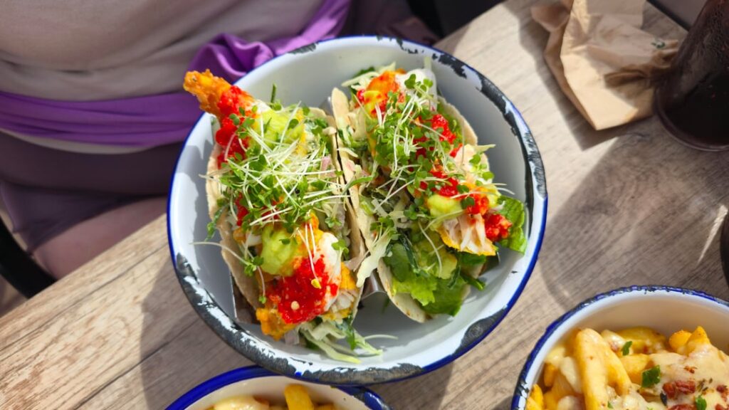 Crab tostadas. Crayfish tacos and alpine frites. Lucky beach cafe Brighton beach