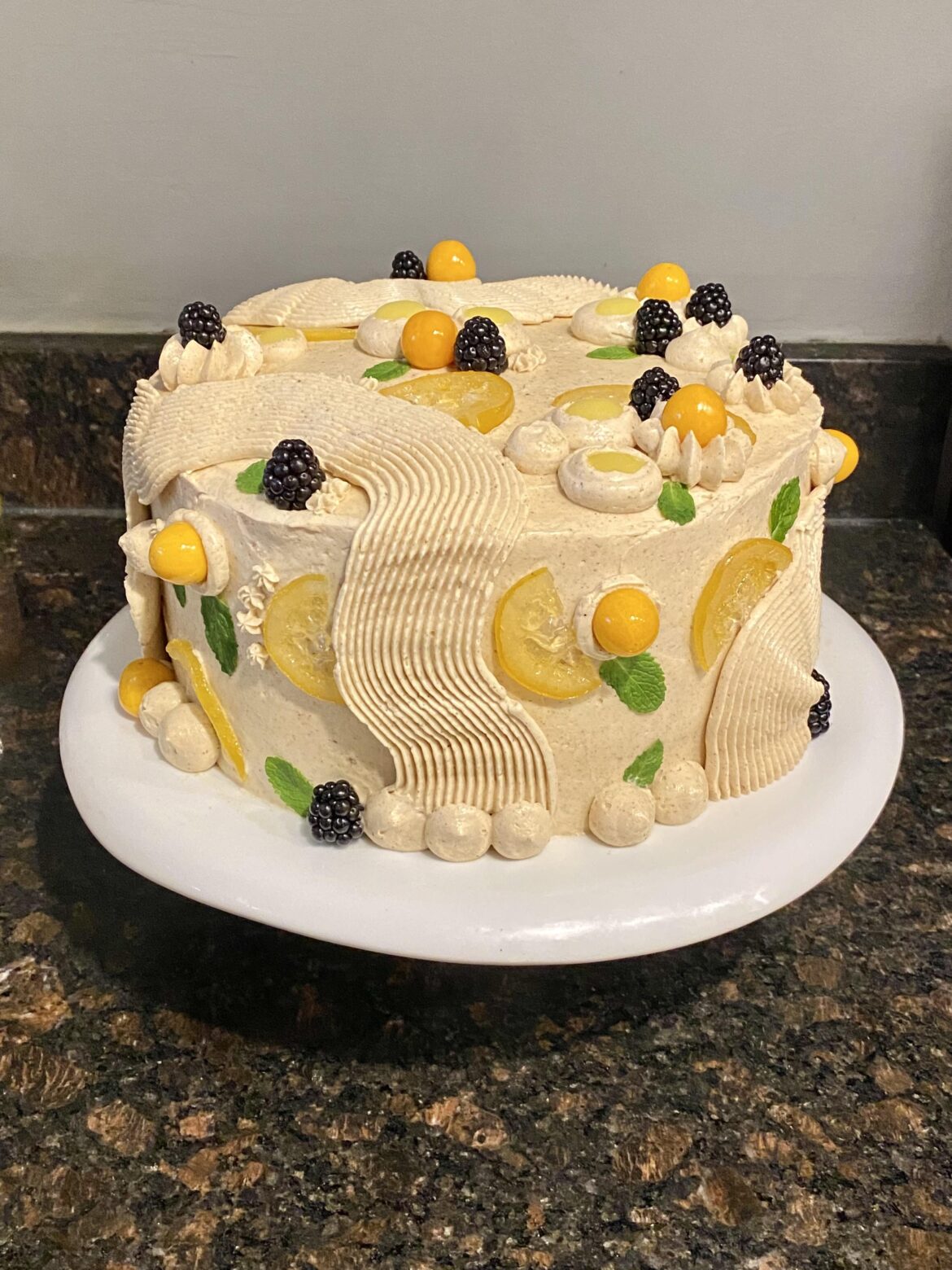 Whimsical lemon blackberry cake