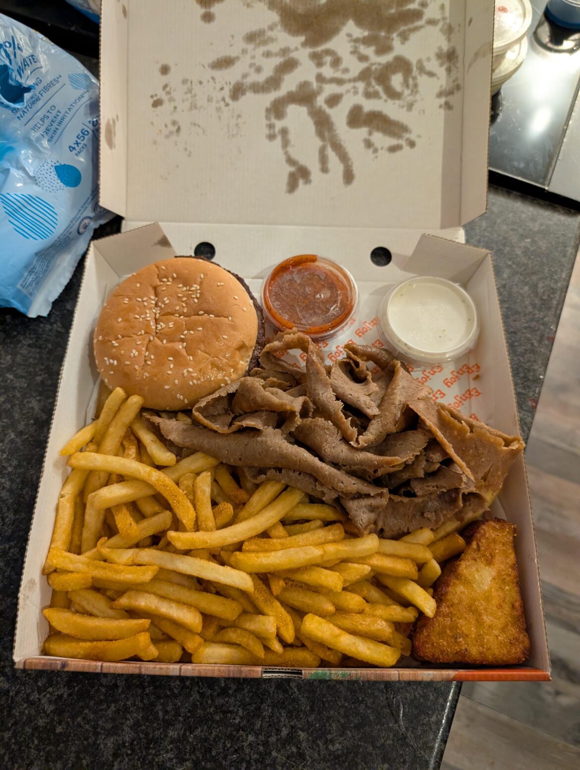 Wife went to Coldplay on Tuesday so I ordered takeaway, £8.99 cheeseburger box meal! Wasn't bad for the price.