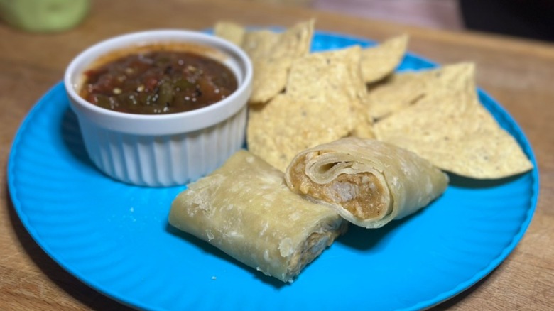 José Olé Chicken Chimichanga on blue plate with salsa
