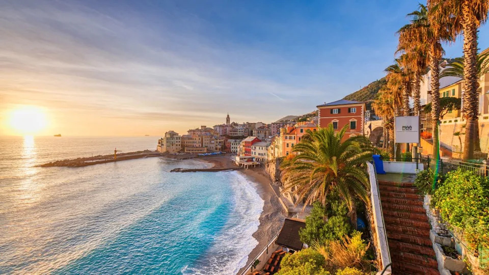 Bogliasco, Genoa, Italy skyline on the Mediterranean sea at sunset. 