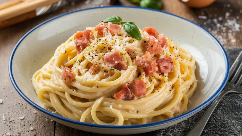 Pasta carbonara in a bowl with fresh basil
