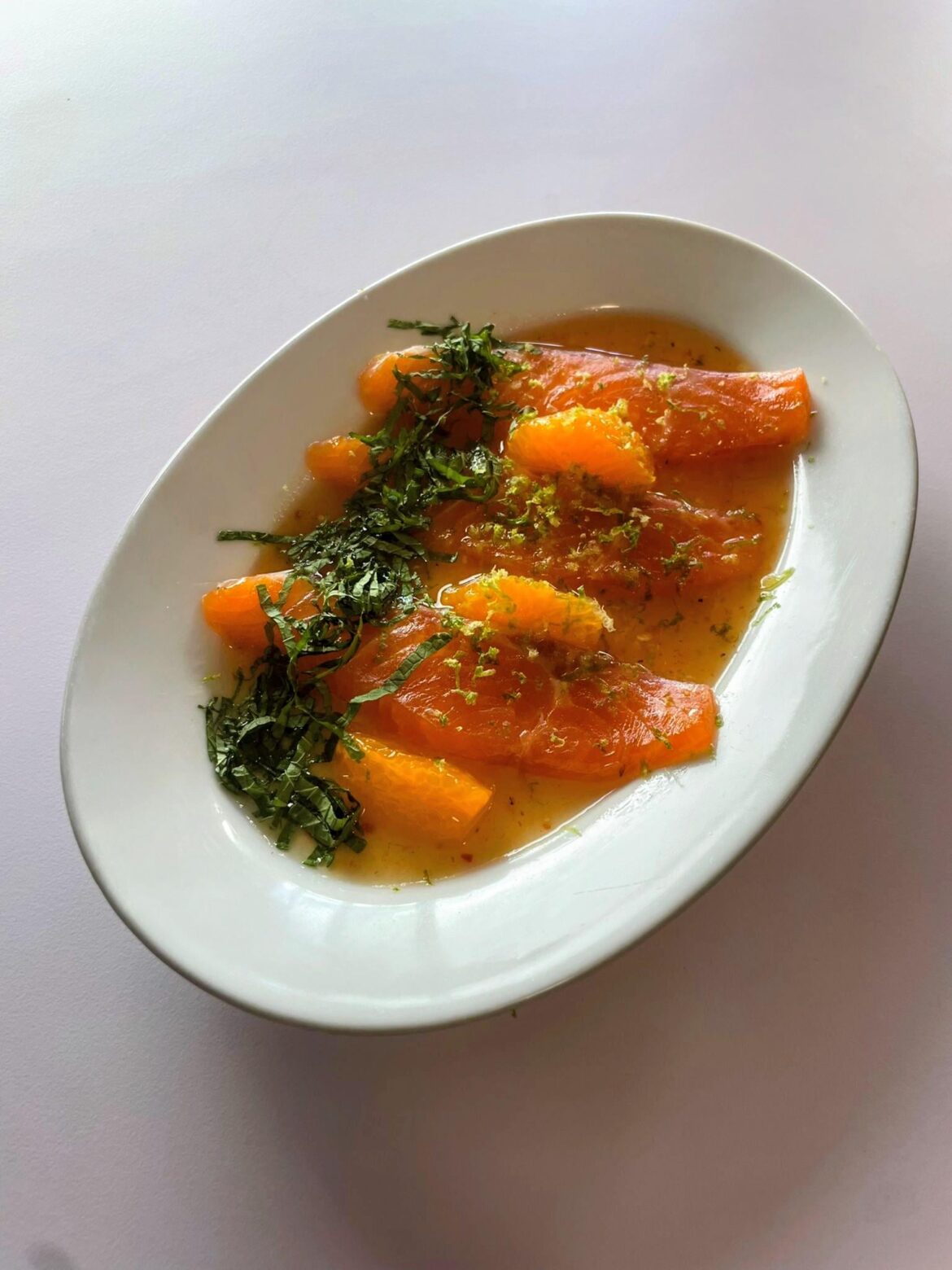 Cured Trout, Peach Nam Jim, Clementine, Mint and Lime Zest