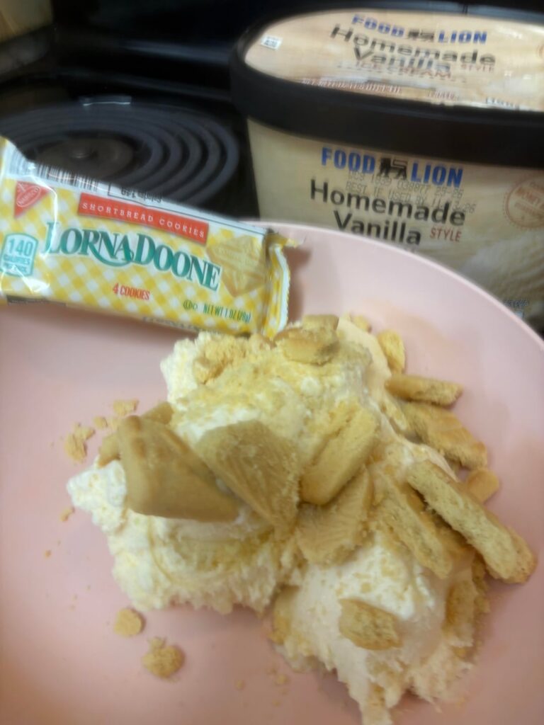 On a budget ice cream- vanilla with Lorna Doone cookie mix in