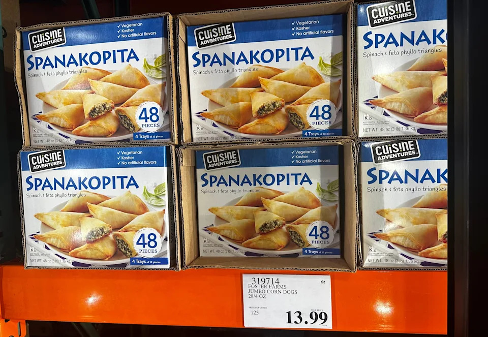 Frozen Spanakopita in Costco freezer aisle