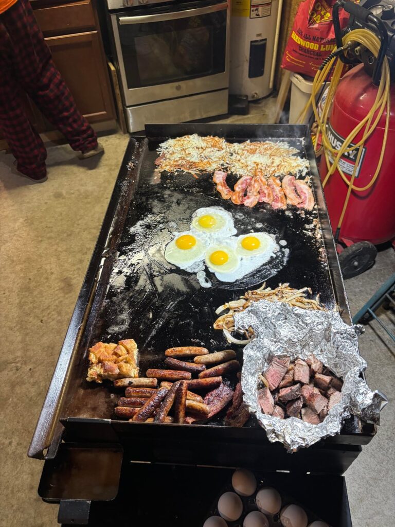 My Boss makes us a heartyBreakfast at the cabin during the salmon run, we have salmon in the evenings