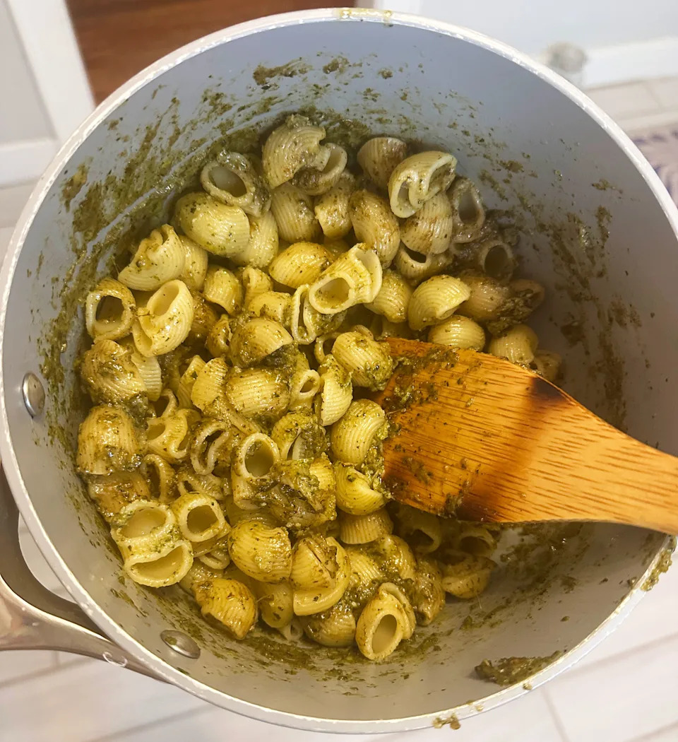 Pasta shells and carrot top pesto. (Amelia Edelman)