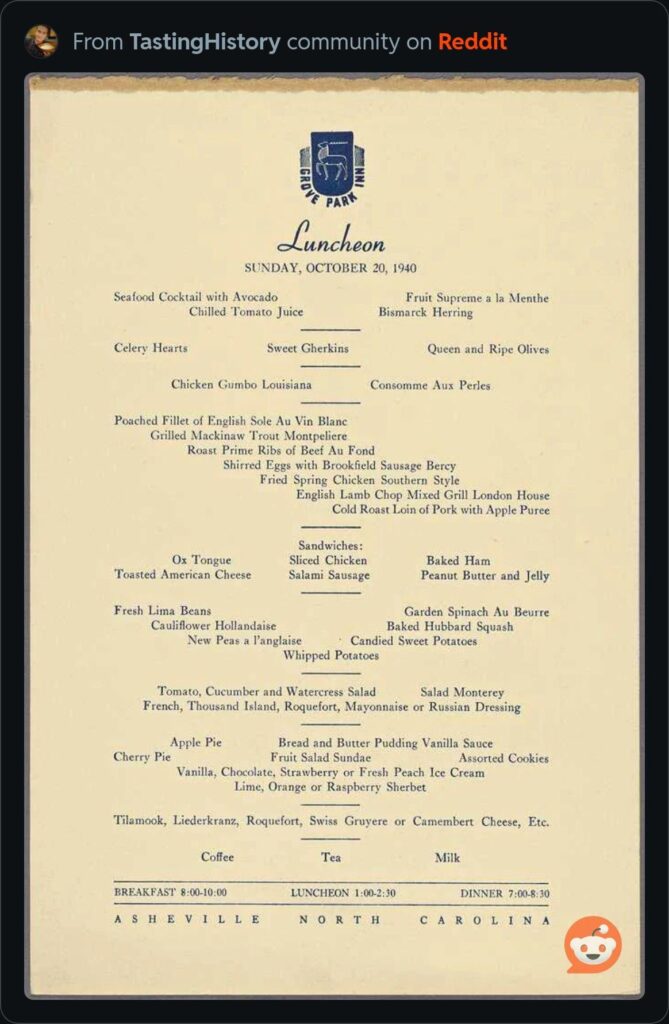 1940 menu