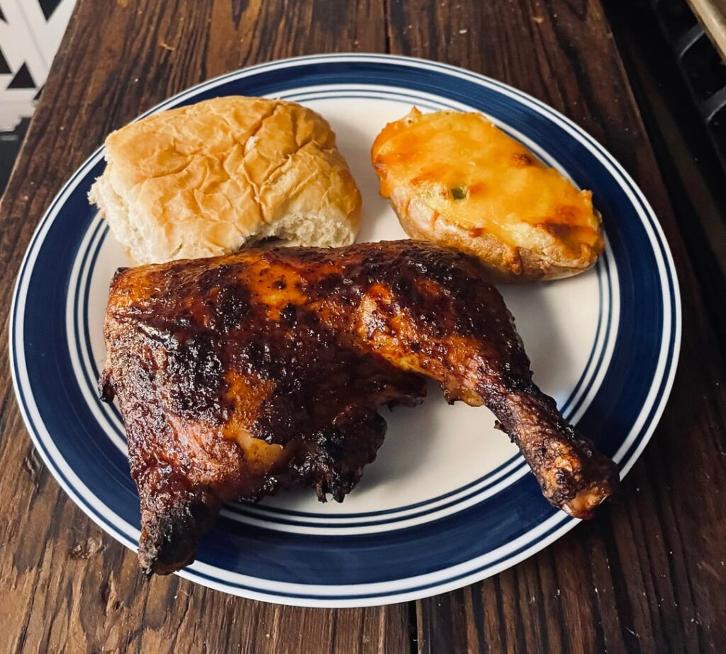 [Homemade] Smoked Chicken Quarters and Twice Baked/Smoked Potatoes
