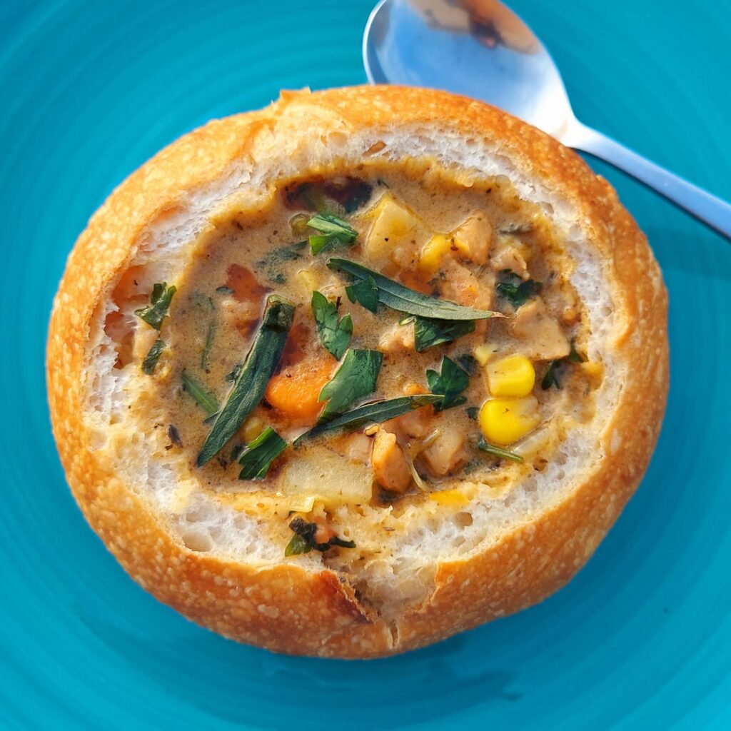 Seafood chowder with soy curl clams and a TJ's bread bowl hack