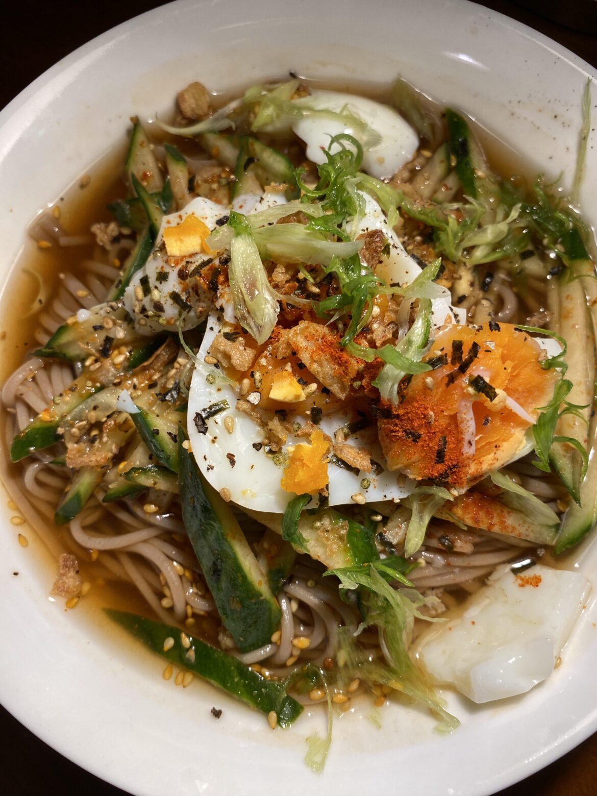 Fucked up peeling the egg so monumentally it looks like an artistic choice. Naengmyeon.