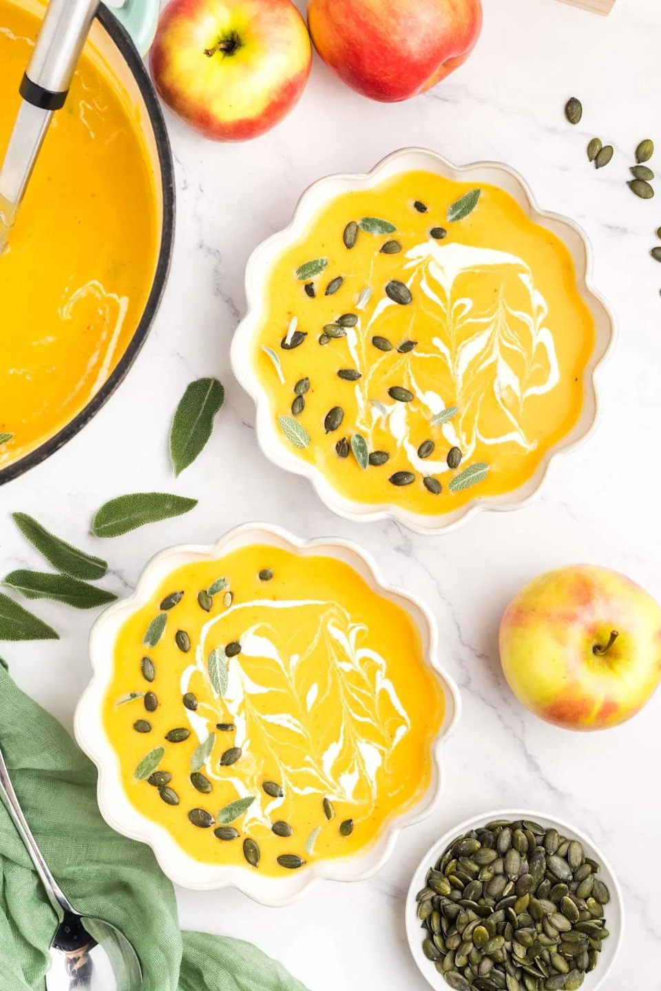 A close up shot roasted pumpkin apple soup.