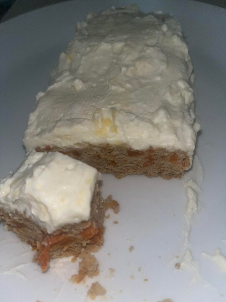 Carrot cake loaf 457 cal with icing (entire loaf) 33g protein 16g fiber only 4g added sugar